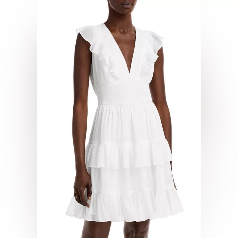 Aqua Formal White Tiered Dress Flutter Sleeve V Neck Ruffle Bridal Graduation 6